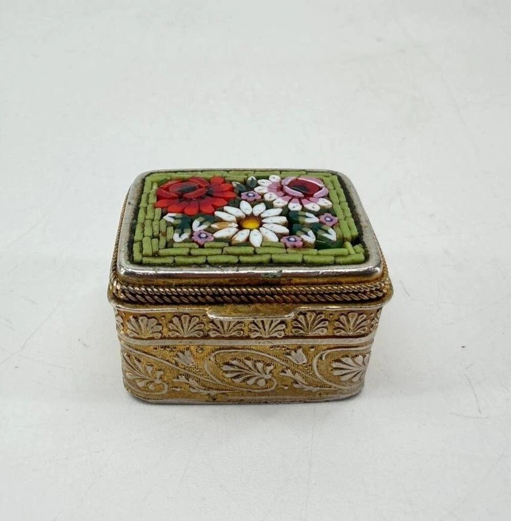Vintage Floral Micro Mosaic Metal Trinket Pill Box Ornate Gold Tone Hinged